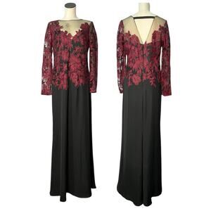 Tadashi Shoji Size 16 Gown Black Red Floral Embroidery Mesh Metallic Long Sleeve